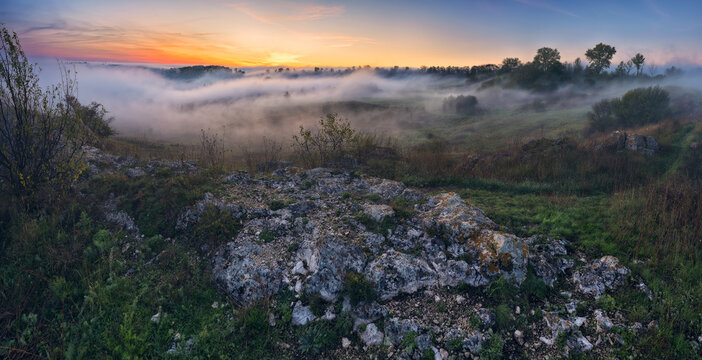 fog in the canyon. Autumn morning in the Dnister river valley. Nature of Ukraine