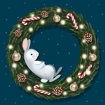 Gray-white bunny sitting in a wreath of snowflakes christmas and new year picture. A cute New Year's bunny is a symbol of the coming year. This design can be used for invitations, greetings, postcards