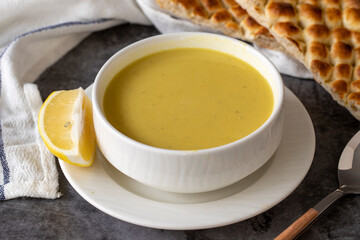 Lentil soup. Strained lentil soup on a dark background. local name suzme mercimek corbasi