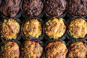 Chocolate and hazelnut muffins. American cuisine delicacies. Top view