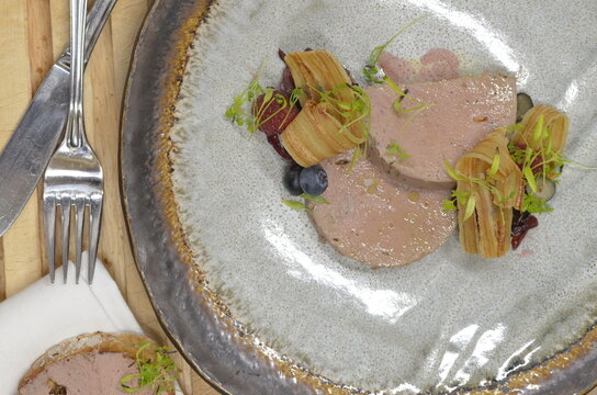 Plate With Goose Foam With Pastry And Decoration, Serving Background Of Food In Restaurant, Traditional Czech Food For Saint Martin's Day