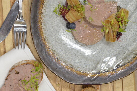 Plate With Goose Foam With Pastry And Decoration, Serving Background Of Food In Restaurant, Traditional Czech Food For Saint Martin's Day