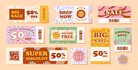 Discount coupons, gift vouchers in a Retro Groovy Style. Vector template