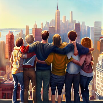 Friends Stand Hugging On Roof Of Building And Looking Up At New York, View From Behind