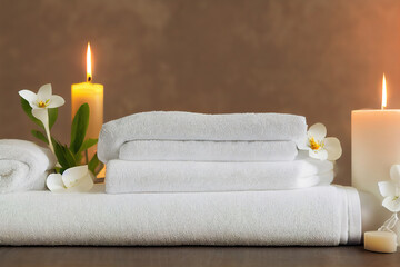 zen massage spa still life with candles and orchid and towels as lifestyle background