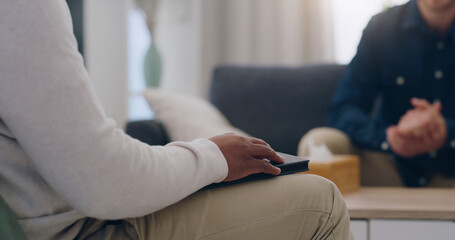 Therapy, hands and psychologist consultation with patient for psychology, mental health or depression help, support and advice. Therapist expert advisor consulting, talking or helping man in office