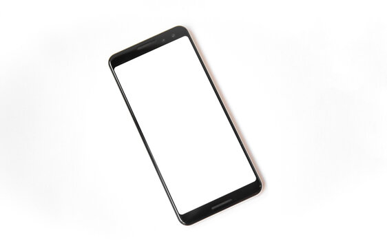 Black mobile smartphone mockup with blank screen isolated on white background with clipping path, Can use mock-up for your application or website design .