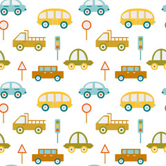Seamless childish pattern with cars. Texture fabric, wrapping, textile, apparel