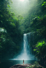 woman standing front of a waterfall, lush tropical rainforest environment, misty foliage