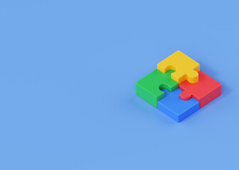 Puzzle 3d render icon - team connect concept, partnership illustration and cartoon jigsaw pieces