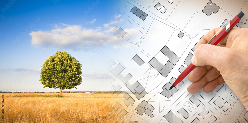 Aufkleber hand drawing an imaginary cadastral map of territory with a tree on background -