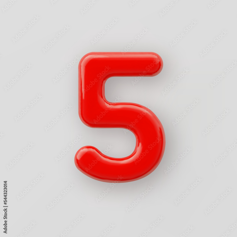 Fototapete 3d red plastic number 5 with a glossy surface on a gray background.