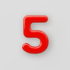 3D Red plastic number 5 with a glossy surface on a gray background.
