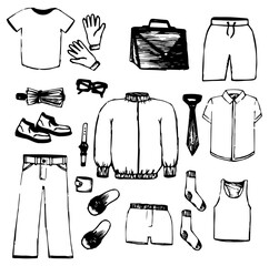 Hand drawn set of men's wear sketches. Vector isolated outline on white background