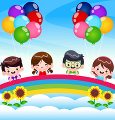 Obraz na płótnie Canvas Group Of Kids Lying Down On Rainbow
