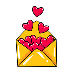 Yellow paper envelope white note mockup inside and Valentines hearts on pink background. Flat lay, top view. Romantic love letter for Valentine's day concept. Romantic air mail letter retro postcard