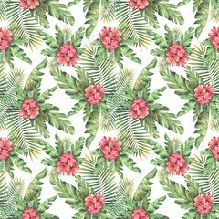  Red hibiscus flowers with tropical palm leaves on a white background. Watercolor illustration. Seamless pattern. For textiles, fabric, interior, wallpaper, cover, paper, clothing, beach and summer © NATASHA-CHU