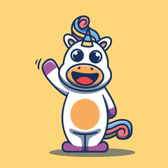 Cute unicorn horse character mascot waving vector illustration. Flat cartoon style.