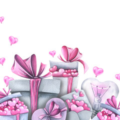 Gift boxes with bows and hearts with a light bulb and an envelope. Watercolor illustration. Banner from the VALENTINE'S DAY collection. For the design and decoration of postcards, valentines.