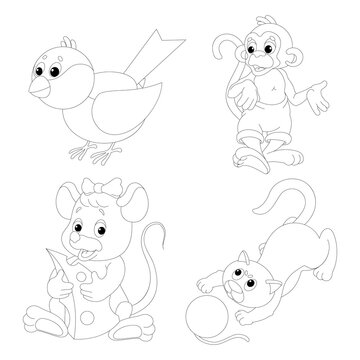 
Animals. Black and white image, bird, monkey, cat, mouse.
 Coloring book for children, vector image. Linear drawing.