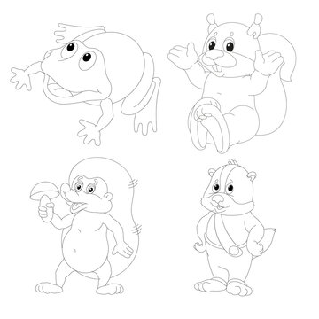 Animals. Black and white image, frog, chipmunk, hedgehog, squirrel.
 Coloring book for children, vector image. Linear drawing.