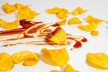 Naklejka na ściany i meble Kutchut is smeared and potato chips are scattered on a white background