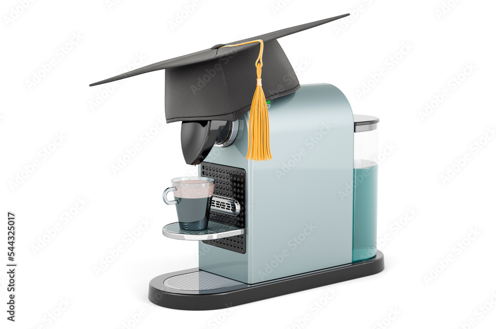 Poster coffee pod machine with graduation cap. 3d rendering