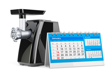 Meat grinder with desk calendar, 3D rendering