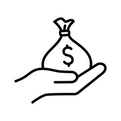 Hand holding money bag icon. Bag with money. Income. Pictogram isolated on a white background.