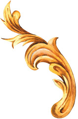 Watercolor golden baroque floral curl, rococo ornament element
