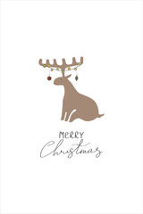 Christmas card with deer with Merry Christmas inscription on a background. Vector illustration in flat style