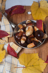 Vintage pan with Imleria Badia or Boletus badius mushrooms commonly known as the bay bolete on wooden cutting board..
