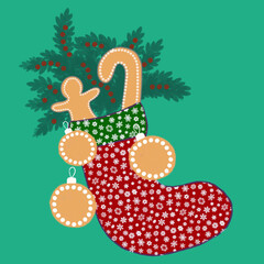 boot for gifts,christmas cookies,christmas tree toy,decoration for christmas and new year,garlands,berries,fir branches,christmas trees,cooking,christmas pastries,gift bag