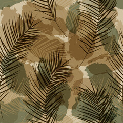 Tropical pattern, palm leaves seamless vector background. exotic plant on watercolor stains artistic jungle print. Leaves of palm tree. brush texture