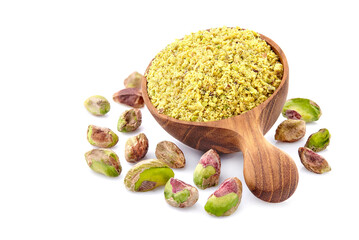  Shelled Pistachios in closeup isolated. Pistachios with  pistachio flour in wooden spoon on white background
