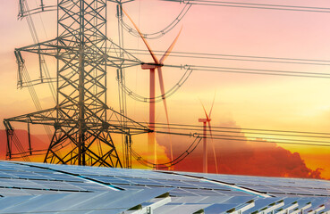 Sustainable energy. Solar farm, wind turbine, and electric pylon with sunset sky. Sustainable...