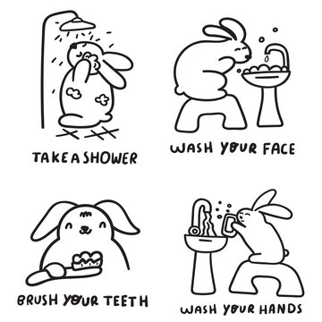 Cute rabbits. Educational concept. Morning routine for kids. Hygiene. Set of outline vector icons. 