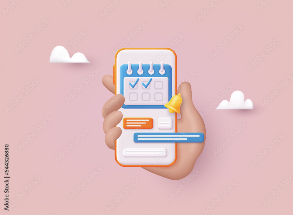 Poster hand holding mobile smart phone with calendar plan. vector modern flat creative info graphics design