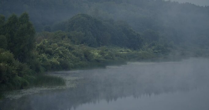 Ein ruhiger Fluss mit Nebel.