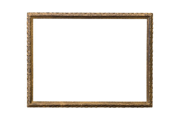Vintage carved wooden frame for photos or paintings in the color of gold blackening, highlighted on a white background. Rectangular horizontal. Blank for the designer.