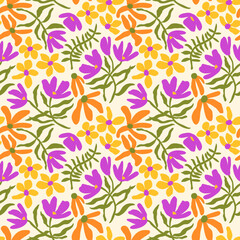 Hand drawn floral retro print for fabric, wallpaper, packaging, wrapping paper, web banner and social media. Modern groovy flowers, vector background. Vintage botanical seamless pattern. © Evgeniya Khudyakova