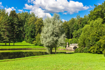 A green clearing, trees and a bridge over a pond. Summer sunny panoramic view of a beautiful park in Pavlovsk. Russia, St. Petersburg.