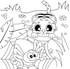A cute little tiger cub looks with surprise at a crawling spider in a forest clearing. Coloring book for children