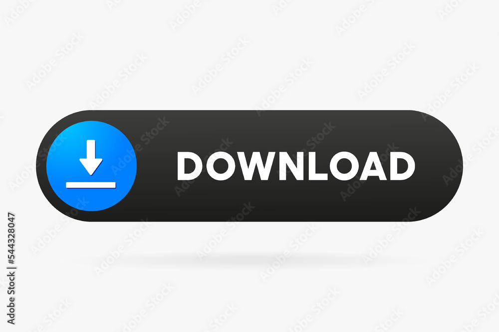 Poster 3d black blue download button icon. upload icon. down arrow bottom side symbol. click here button. s