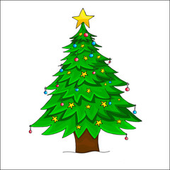 Hand-drawn colorful christmas tree with decorations. Isolated new years tree on white.