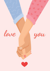Vector romantic illustration with female and male hands for a postcard, textiles, decor, poster, banner, internet, social networks. Greeting card for Valentine's Day and other holidays. Hold hands.
