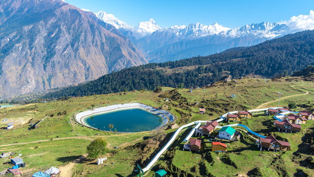 Aerial view of Auli,a Himalayan ski resort and hill station Uttarakhand, India