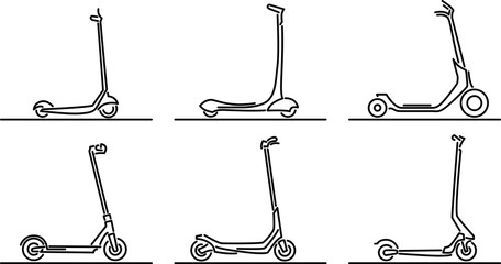 Set of simple flat design vector images of various types of kick scooters drawn in art line style. - 544329041