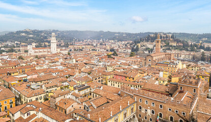 Aerial view of the skyline of Verona with  beautiful churches