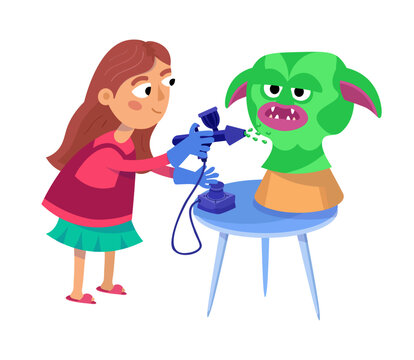 Cute girl artist sculpts and paints monster mask with airbrush for film. Character and objects in cartoon style. Vector illustration.